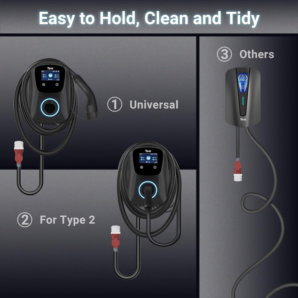 Tera Smart EV Ladegerät Typ 2 Wallbox mit APP 11kW 16A 400V CE&TÜV mit Wlan & Bluetooth 7m Ladekabel mit Ladegerätehalter Heim Wallbox CEE 3-Phasen Stecker für EVs & PHEV W01 Schwarz