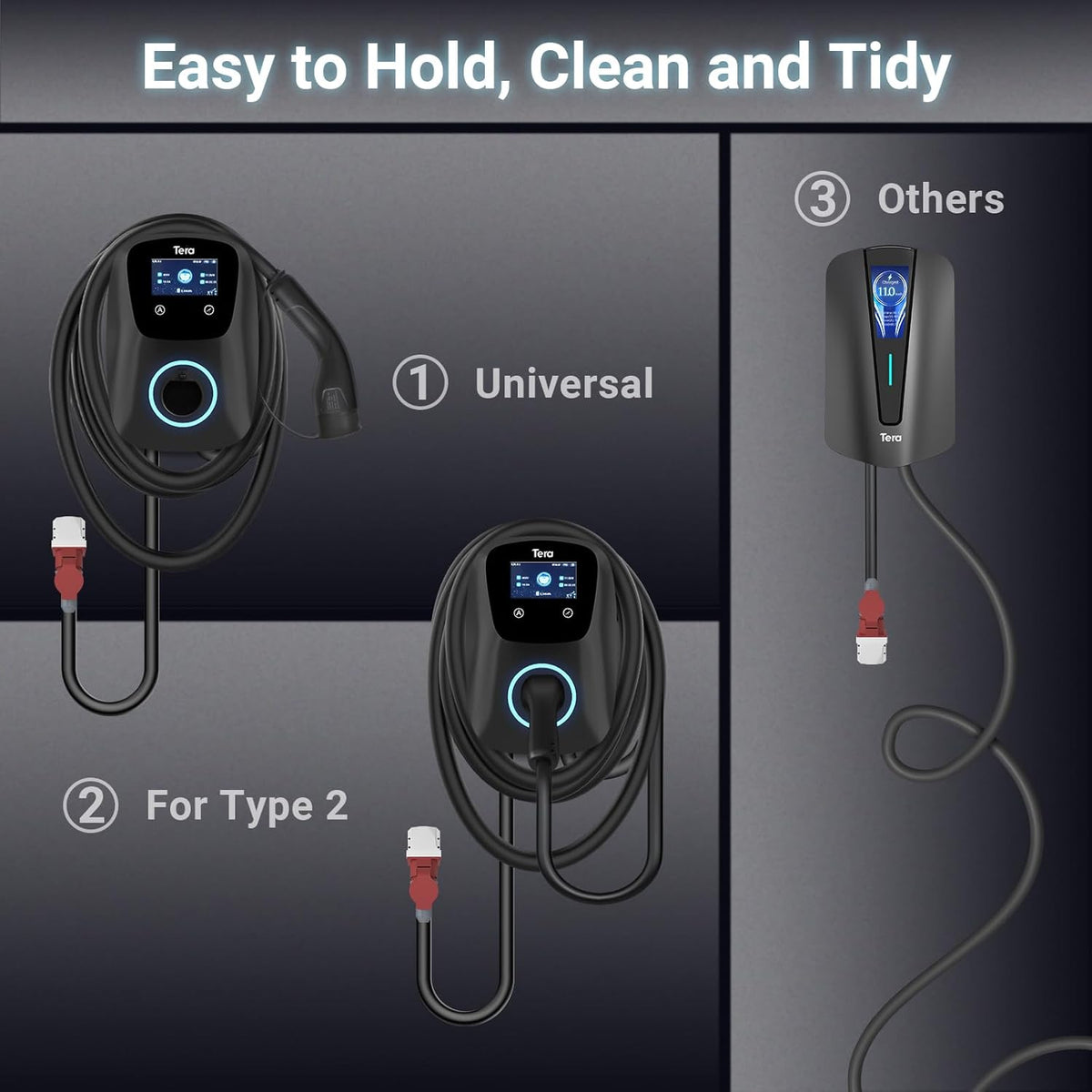 Tera Smart EV Ladegerät Typ 2 Wallbox mit APP 11kW 16A 400V CE&TÜV mit Wlan & Bluetooth 7m Ladekabel mit Ladegerätehalter Heim Wallbox CEE 3-Phasen Stecker für EVs & PHEV W01 Schwarz