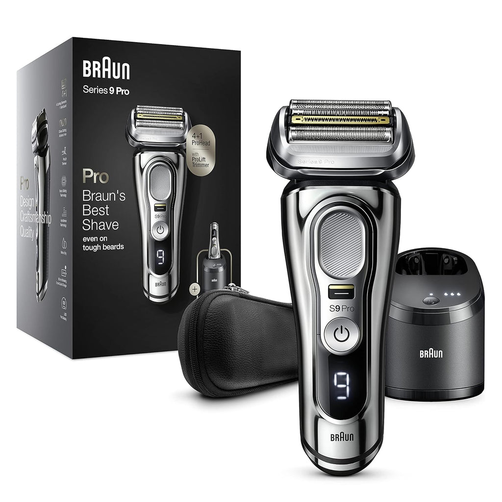 Braun Series 9 Pro Elektrorasierer für Herren, Bartrasierer mit ProLift-Trimmer und 4-in-1-Kopf, 5-in-1-Reinigungs- und Ladecenter, Tasche, wiederaufladbar, kabellos, 9466 CC, Chrom
