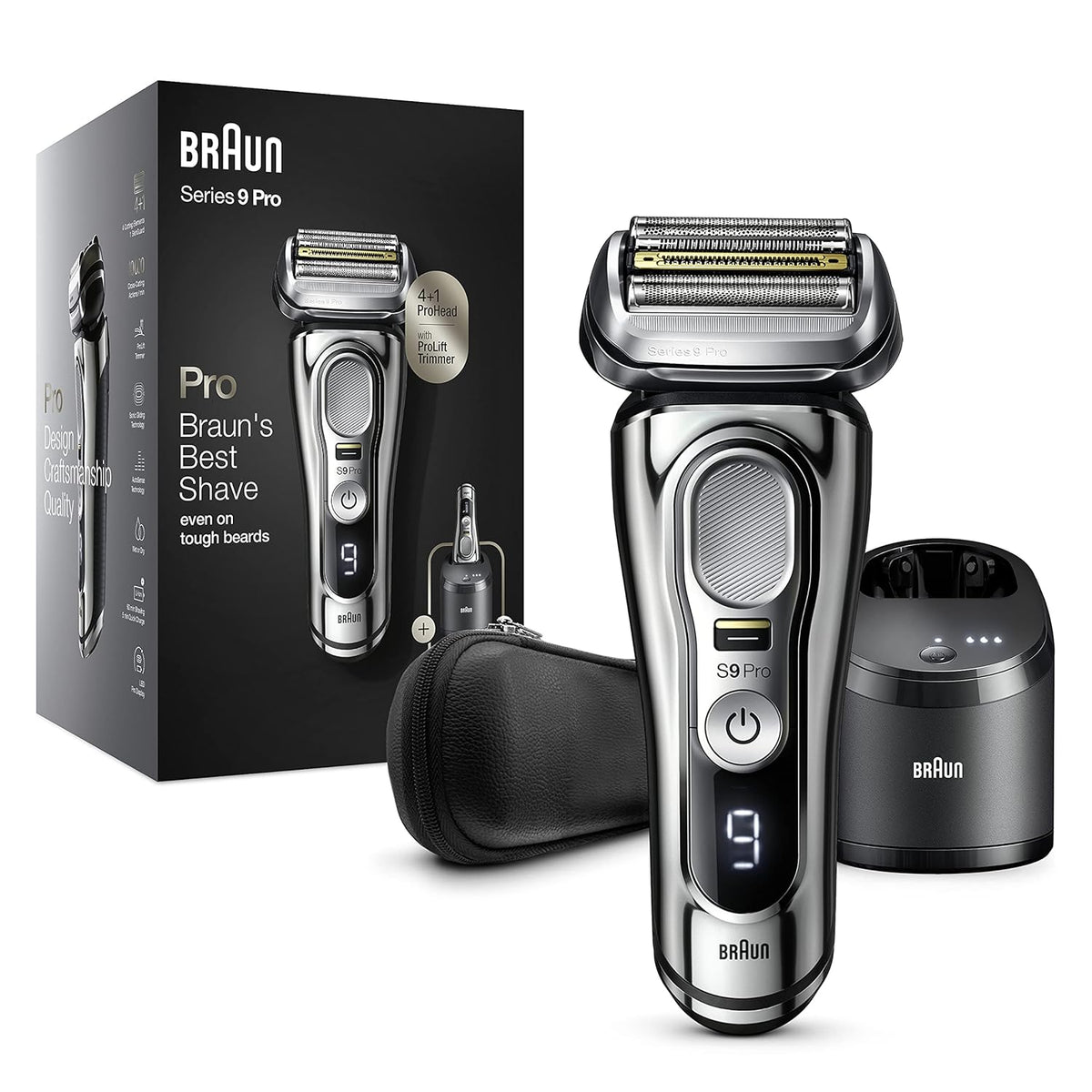 Braun Series 9 Pro Elektrorasierer für Herren, Bartrasierer mit ProLift-Trimmer und 4-in-1-Kopf, 5-in-1-Reinigungs- und Ladecenter, Tasche, wiederaufladbar, kabellos, 9466 CC, Chrom