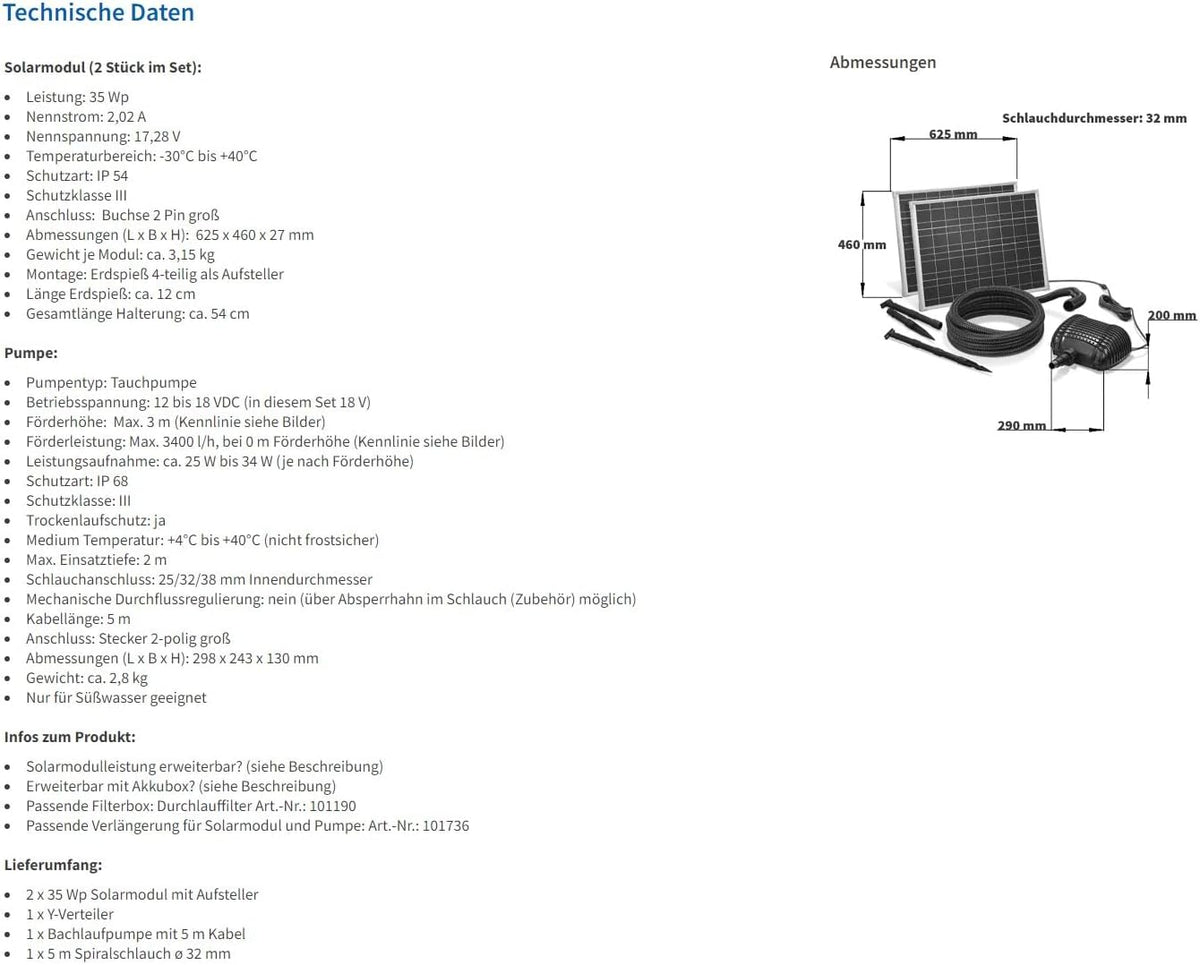 esotec Solar Bachlaufset 70 3400 PRO, Komplettset, Bachlaufpumpe 3400l/h, Solarmodul 70Wp, Erdspieß, Teichpumpe, DIY Solarbrunnen, Wasserspiel, Komplettset, 3m 101966