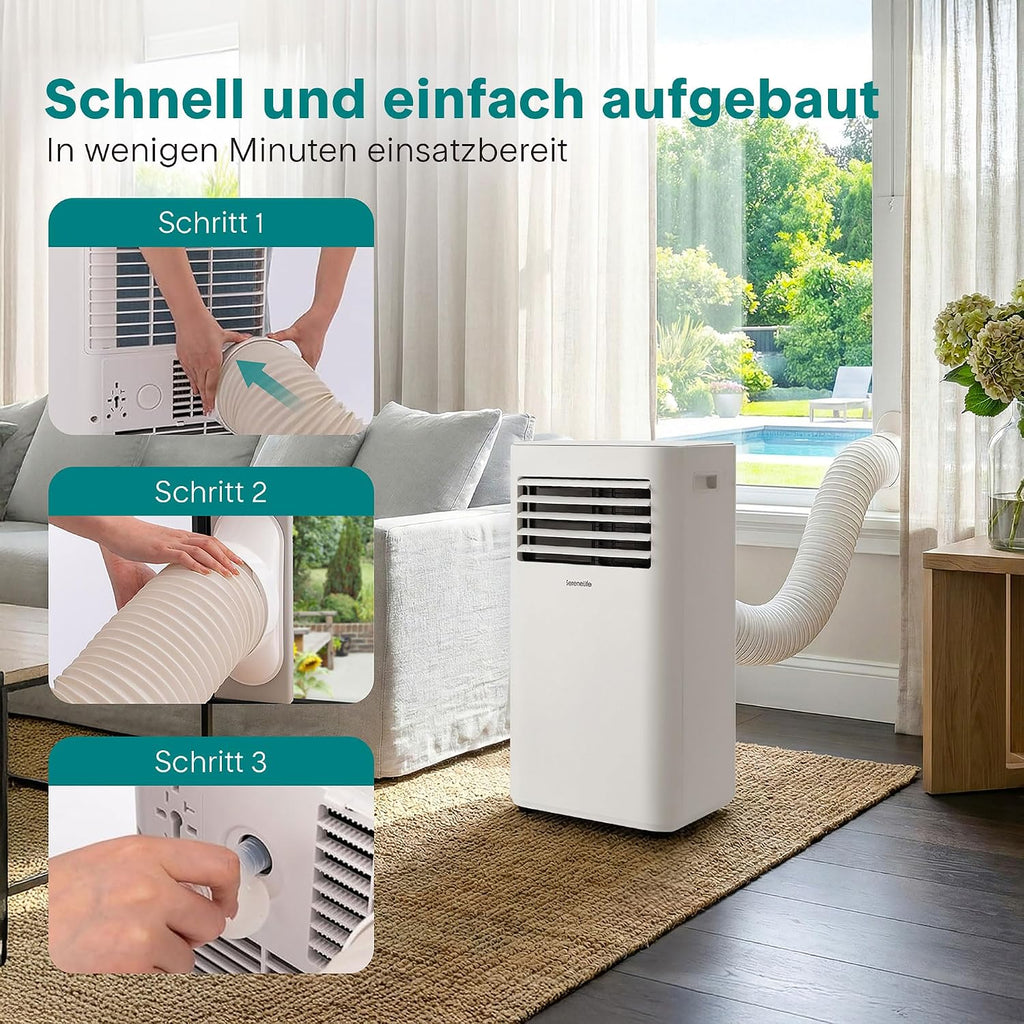 SereneLife Weiß Mobiles Klimagerät 9000 BTU 2,64kW für 28 m² – Air Conditioner mit Abluftschlauch, 3-in-1 mit Entfeuchter und Ventilator, Leise 54 dB, inkl. Fensterkit und Fernbedienung
