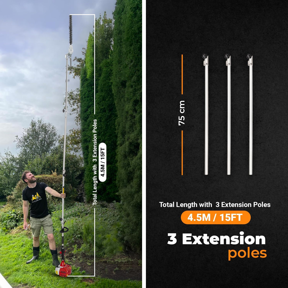 BU-KO Benzin-Heckenschere und Gartensäge mit 52 cc Langer Reichweite, mit 3 x 75 mm Verlängerungsstange, Ultimatives Gartenwerkzeug für präzises Schneiden