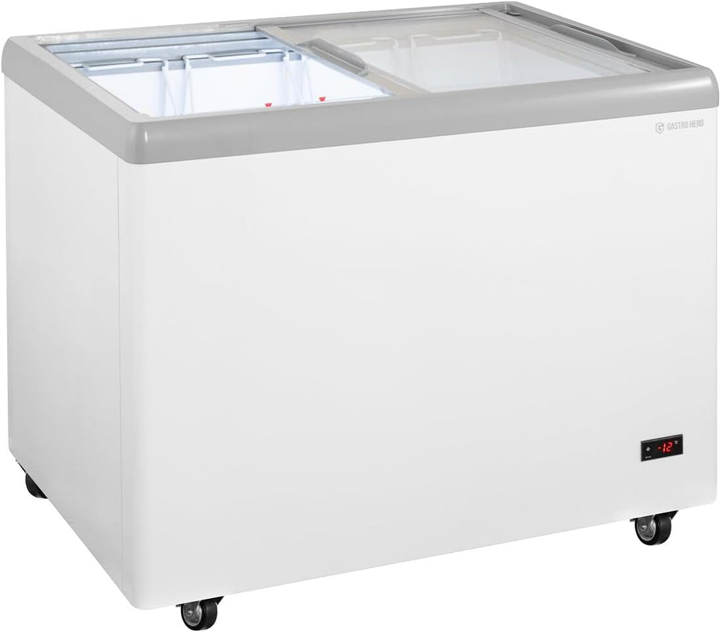 GastroHero Eiscreme Gefriertruhe 284 Liter Tiefkühltruhe LED Beleuchtung Schiebeglasdeckel Rollen Gefrierschrank Gewerbe Eis Truhe Verkauf –18 °C Gastronomie Kiosk