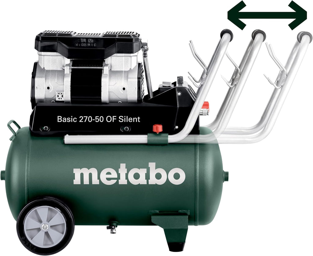 metabo Kompressor Basic 270-50 OF Silent - 50L Kessel, 10 bar Druck, 130 l/min Füllleistung - Ölfrei, leise, mobiler Werkstatt-Kompressor für Heimwerker  und  Profis - Inkl. Schnellkupplung und Zuggriff