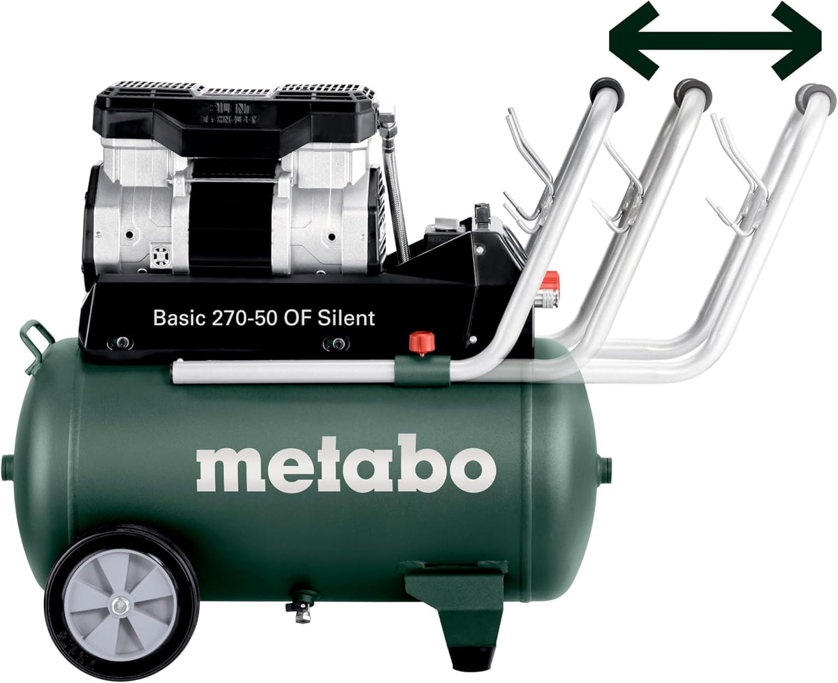 metabo Kompressor Basic 270-50 OF Silent - 50L Kessel, 10 bar Druck, 130 l/min Füllleistung - Ölfrei, leise, mobiler Werkstatt-Kompressor für Heimwerker  und  Profis - Inkl. Schnellkupplung und Zuggriff