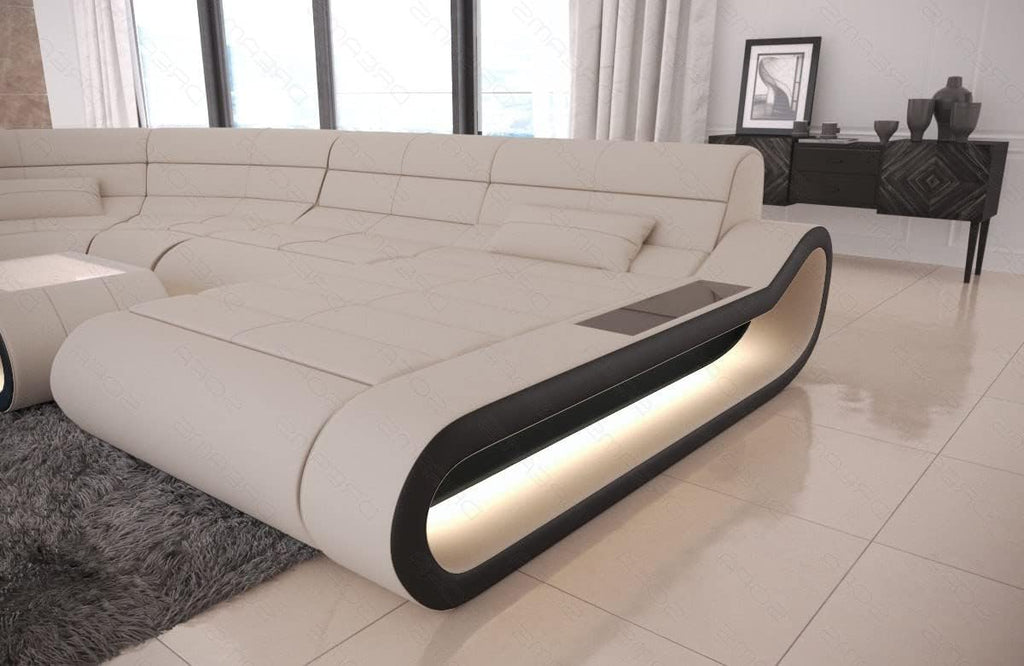 Sofa Dreams Wohnlandschaft Concept U Form - mit LED Beleuchtung, Ottomane/Mikrofaser/Ausrichtung wählbar (Ottomane rechts, Schwarz-Elfenbein)