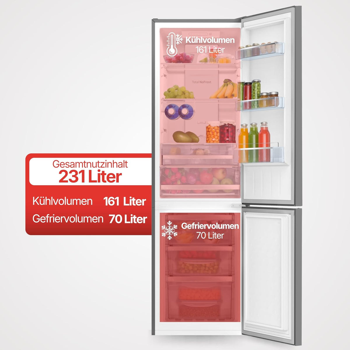Amica Kühl‑Gefrierkombination freistehend 231 l Total NoFrost FreshZone VitControlPlus Superkühlfunktion 170 x 54 x 57,6 cm – Kuehlschrank Freistehend Edelstahloptik
