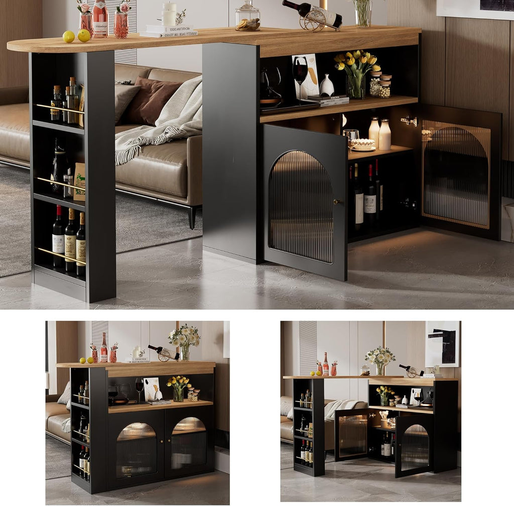 Moderner ausziehbarer Bartisch,Ausziehbarer Esstisch mit Stauraum, Stehtisch Bistrotisch, drehbar, für Esszimmer,Mit 1m langem LED (Schwarz)