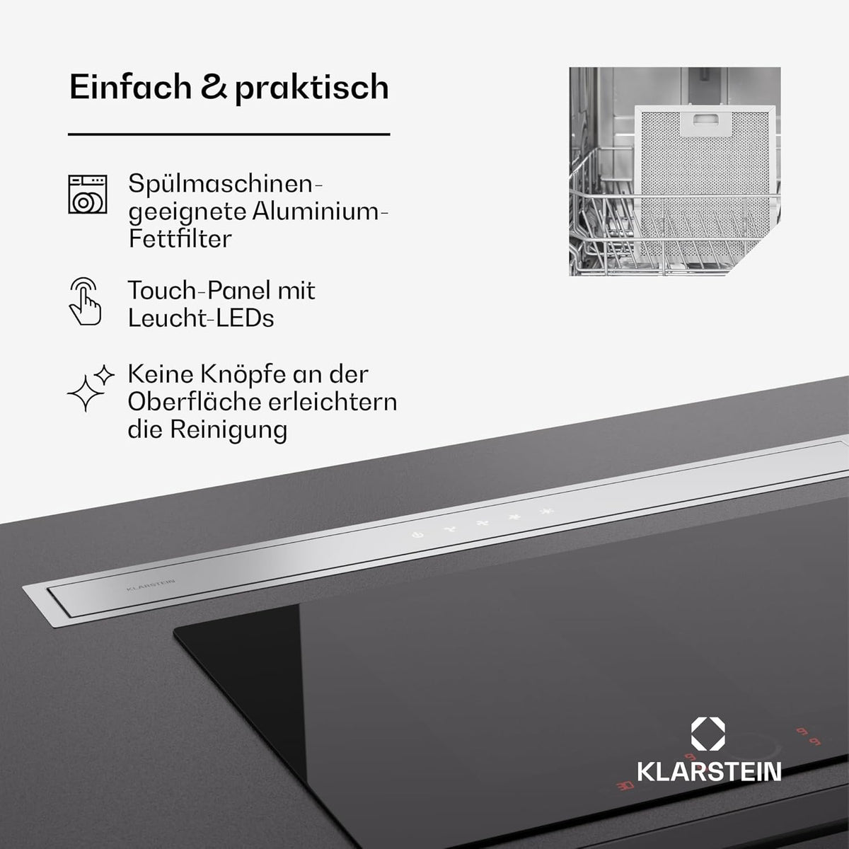 Klarstein Downdraft-Dunstabzugshaube, Versenkbare Abzugshaube, Leise Dunstabzugshauben mit Filter, Dunstabzugshaube 60cm, Umluft/Abluft Dunsthaube mit 10 Stufen, Dunstabzug 576 m³/h Luftstrom