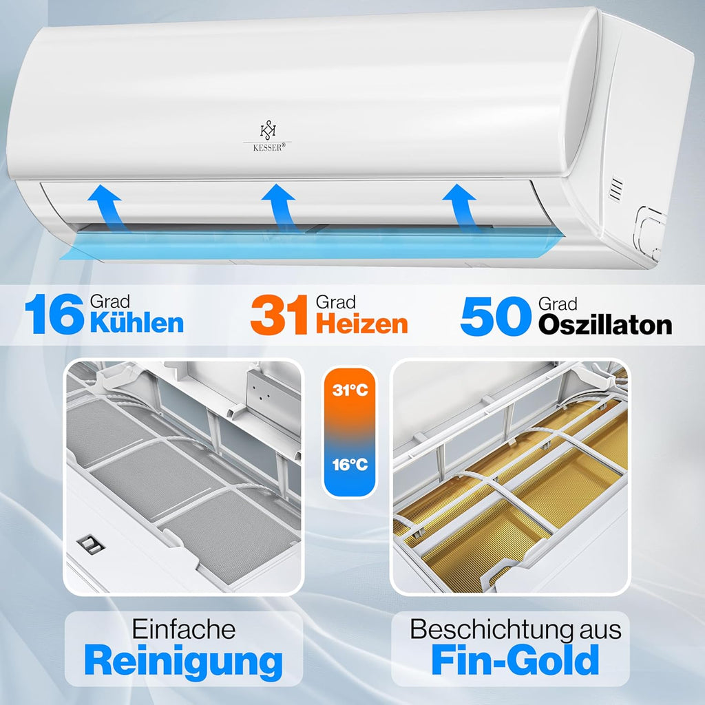 KESSER® Split Klimaanlage Set Quick Connect 12000 BTU 3,4 kW – WiFi & App Klimagerät mit Heizfunktion & Kühlmodus Wandklimaanlage, mit Kupferleitung Kältemittel R32 Inkl. Montagematerial