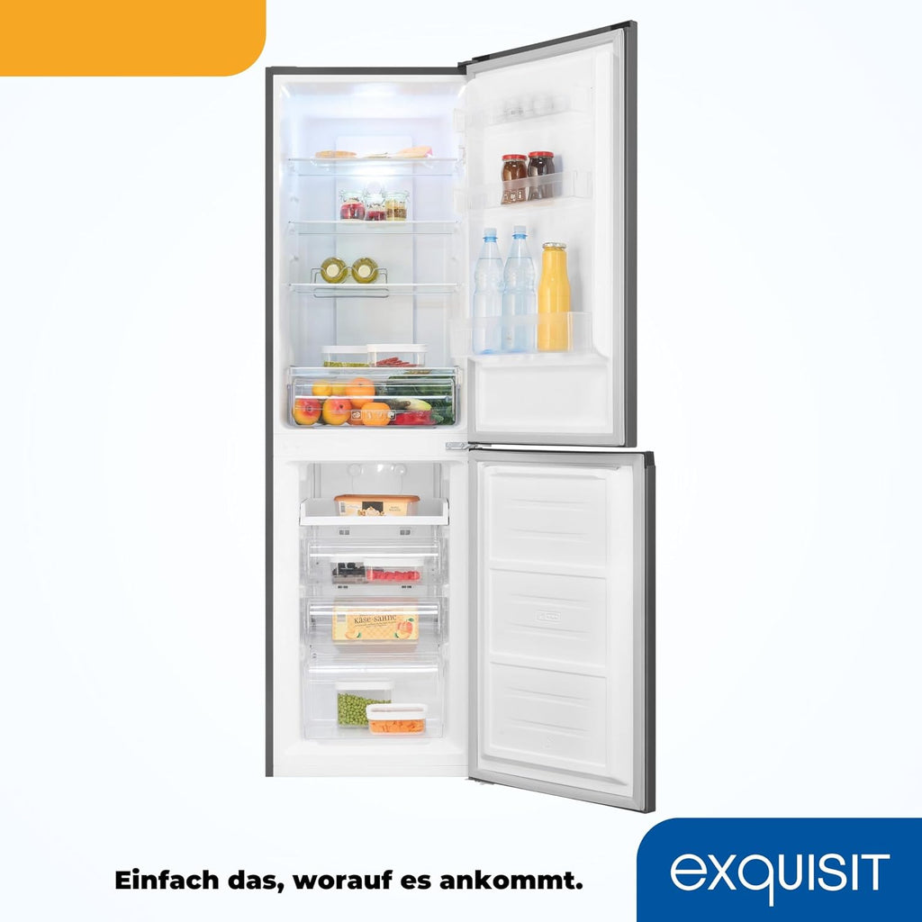 Exquisit Kühl-Gefrierkombination No-Frost 247 L, Freistehend, Inox-Look, 4-Sterne-Gefrierfach, Schnellgefrieren, LED, 39 dB(A), Energieklasse D