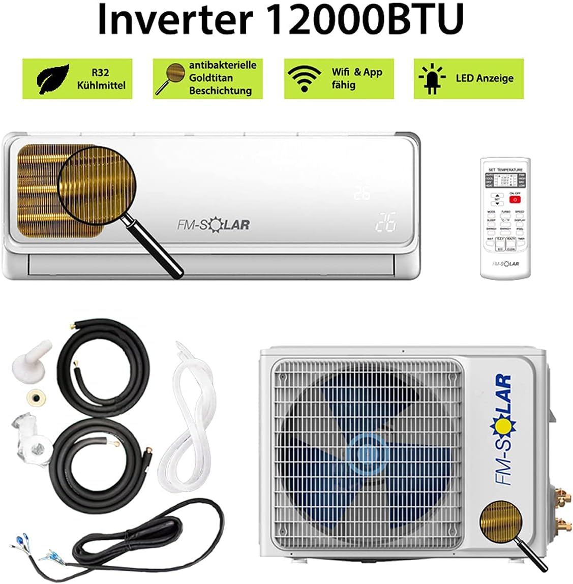 Split Klimaanlage 12000BTU Klimagerät Inverter WLAN R32 3,5kW Splitgerät Leitung