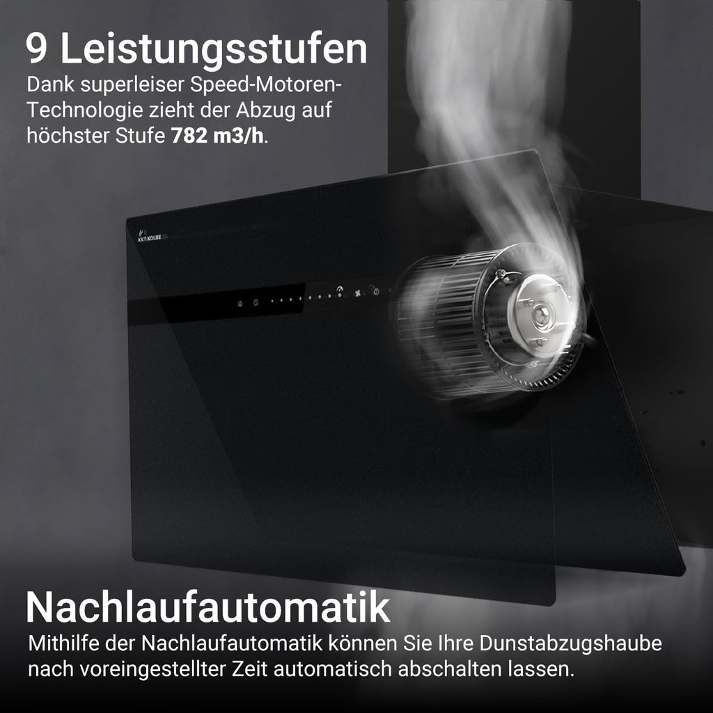 KKT KOLBE A+++ Dunstabzugshaube 80 cm 782 cbm/h Kopffreie Wandhaube Edelstahl schwarzes Glas WLAN RGBW-LED-Beleuchtung SensorTouch Bedienung STYLE8005SMAO