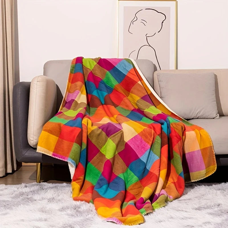 Korallenfleece-Decke – Wendbare, dicke Sherpa-Decke mit farbenfrohem Karomuster