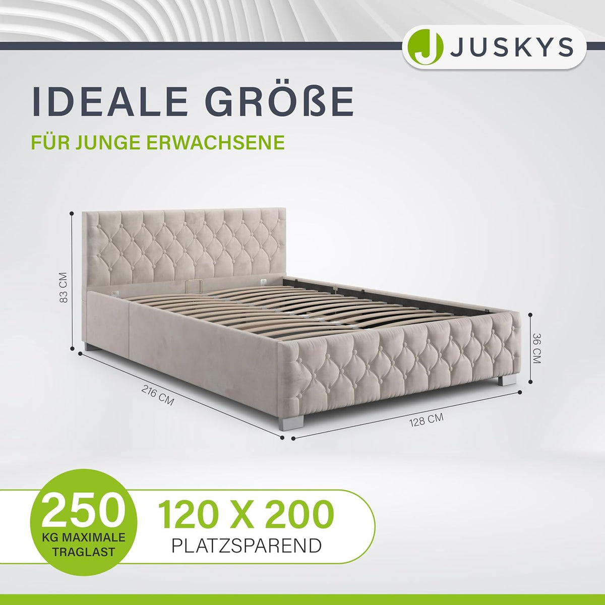 Juskys Polsterbett Nizza 120x200 cm mit Matratze, Bettgestell mit Lattenrost, Stauraum & LED Beleuchtung, Samtbezug, Chesterfield-Steppung, Beige