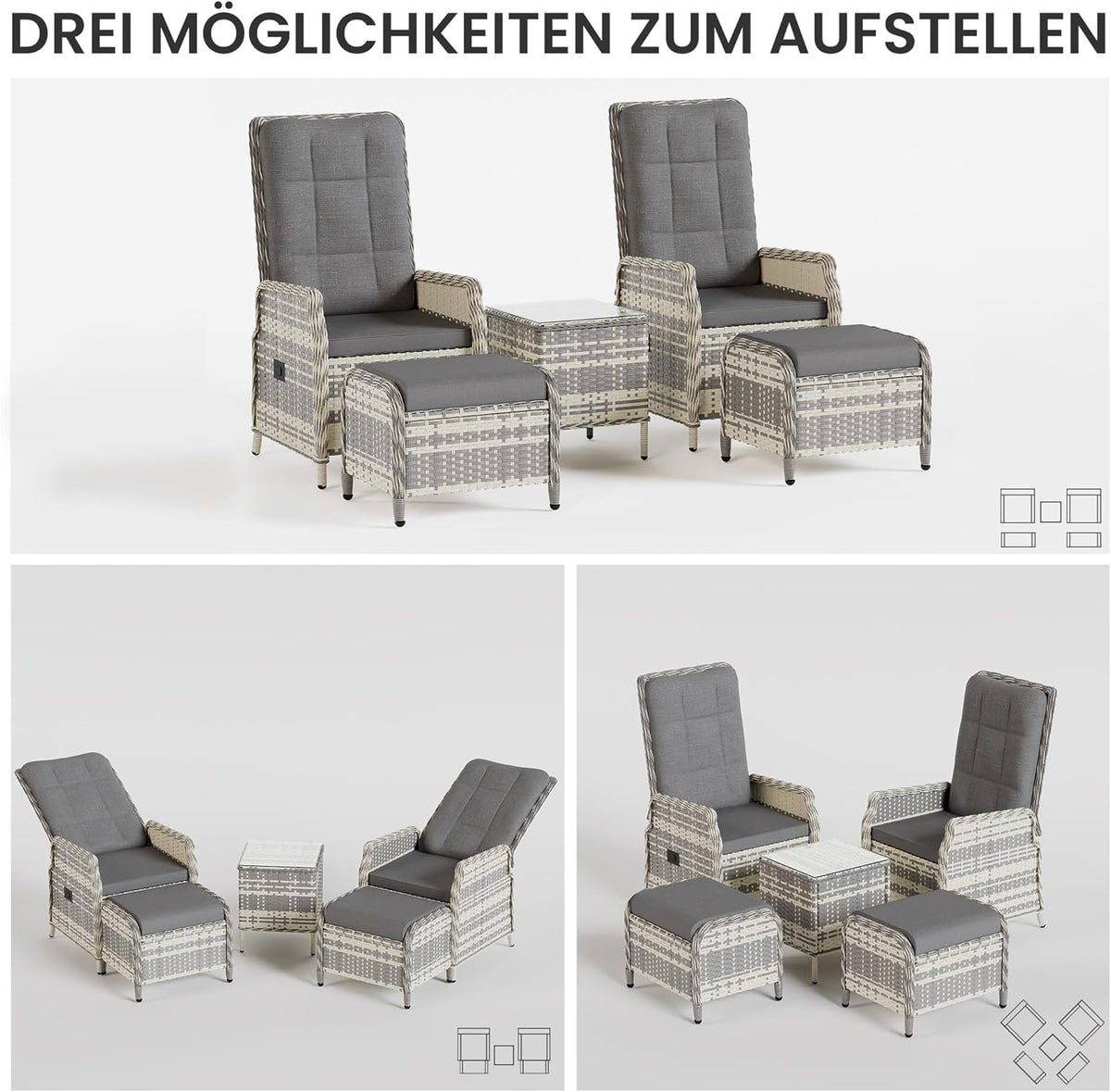 Gotland Rattan Gartenmöbel Set Lounge Möbel Outdoor, Verstellbares 2-Sitzer Terrassenmöbel Außen mit 118° Rückenlehne & Fußhocker, Hochwertige Polster & Glastisch, Wetterfest (Grau)