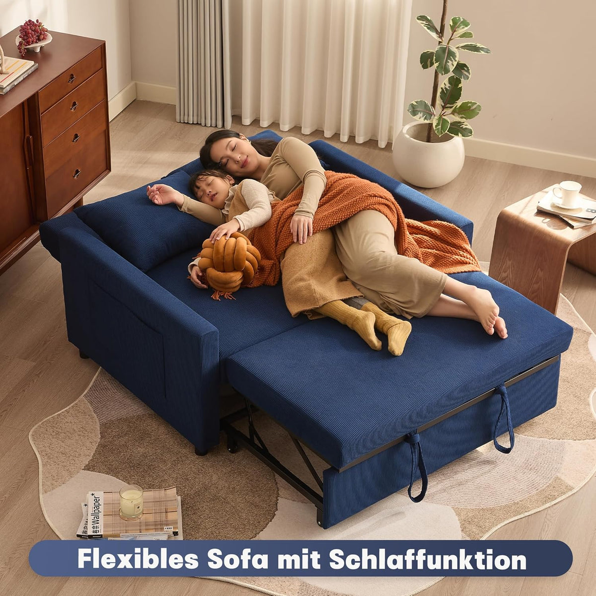 Schlafsofa 2-Sitzer, 3-in-1 ausziehbares Sofa Bett, Cordstoff Schlafcouch mit Verstellbarer Rückenlehne und Seitentaschen, für Wohnzimmer und Gästezimmer,Navyblau