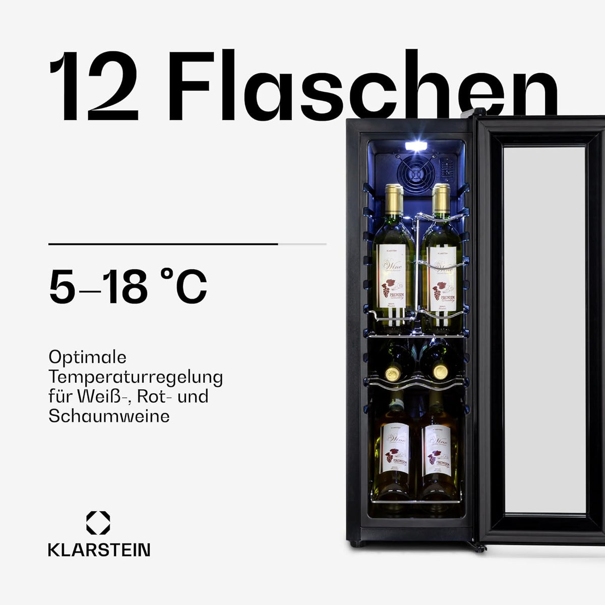 Klarstein Weinkühlschrank, 1 Zonen Getränkekühlschrank Klein, Kleiner Weinschrank 32L, Wein-Kühlschrank Klein mit Glastür, Indoor/Outdoor Flaschenkühlschrank, Wine Fridge 5-18°C, 12 Flaschen