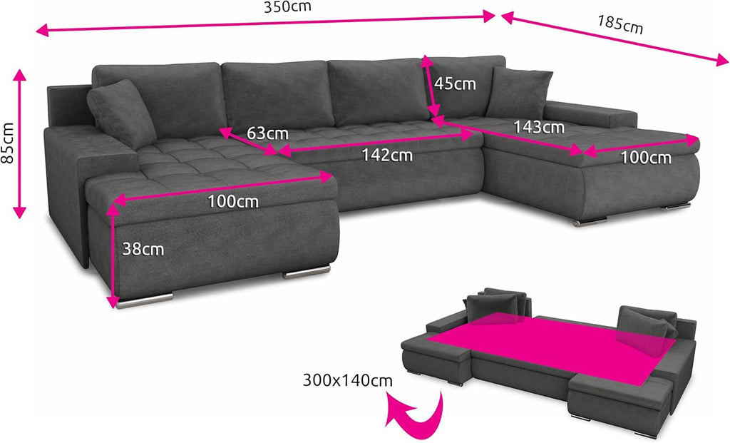 Sofnet Wohnlandschaft mit Schlaffunktion Faris U-Form - Couch, Schlafsofa mit Bettkasten, Couchgranitur mit Bettfunktion, Big Sofa, Bettsofa (Schwarz (Kronos 07))