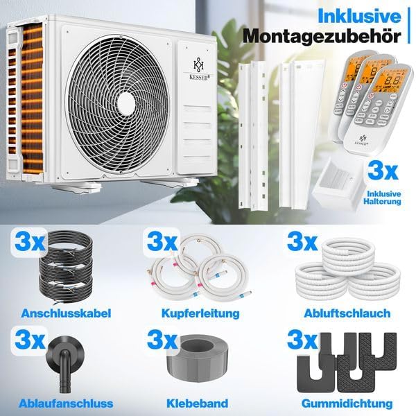 KESSER® Multisplit Klimaanlage 3 Innengeräte, 27000 BTU, Split Klimagerät Set mit WiFi/App, Heizen & Kühlen, Inverter, Eco-Modus, Luftentfeuchter & Ventilator, sehr leise, R32, Montagematerial