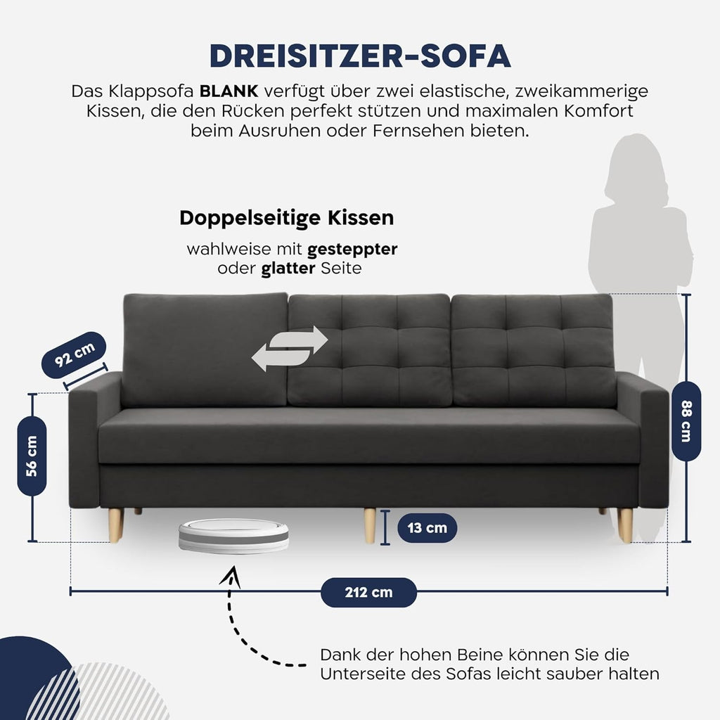 Mebligo - Sofa Mit Schlaffunktion Und Bettkasten Blank, 3 Sitzer 212 cm Breit, Schlafsofa Mit Bonellfederkern im Sitz, Ausziehbares Couch Auf Holzfüßen, Wohnzimmer - Beige
