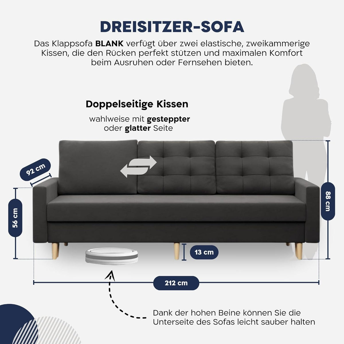 Mebligo - Sofa Mit Schlaffunktion Und Bettkasten Blank, 3 Sitzer 212 cm Breit, Schlafsofa Mit Bonellfederkern im Sitz, Ausziehbares Couch Auf Holzfüßen, Wohnzimmer - Beige