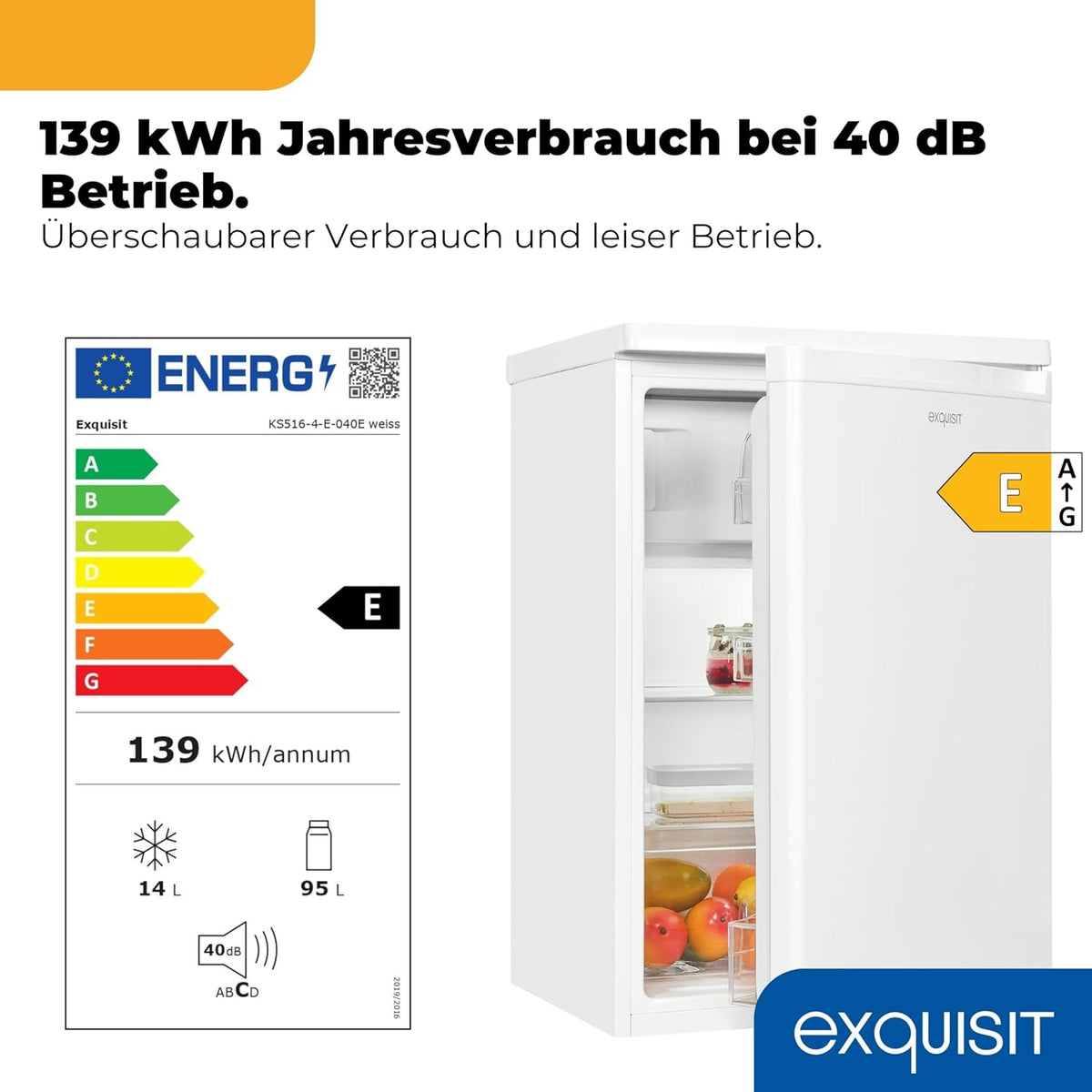 Exquisit Kühlschrank mit Gefrierfach 109 l Nutzinhalt, Energieklasse E, 40 dB(A) kompakte Bauform, 4-Sterne-Gefrierfach, LED-Beleuchtung, manuelle Abtauung KS516-4-E-040E weiss