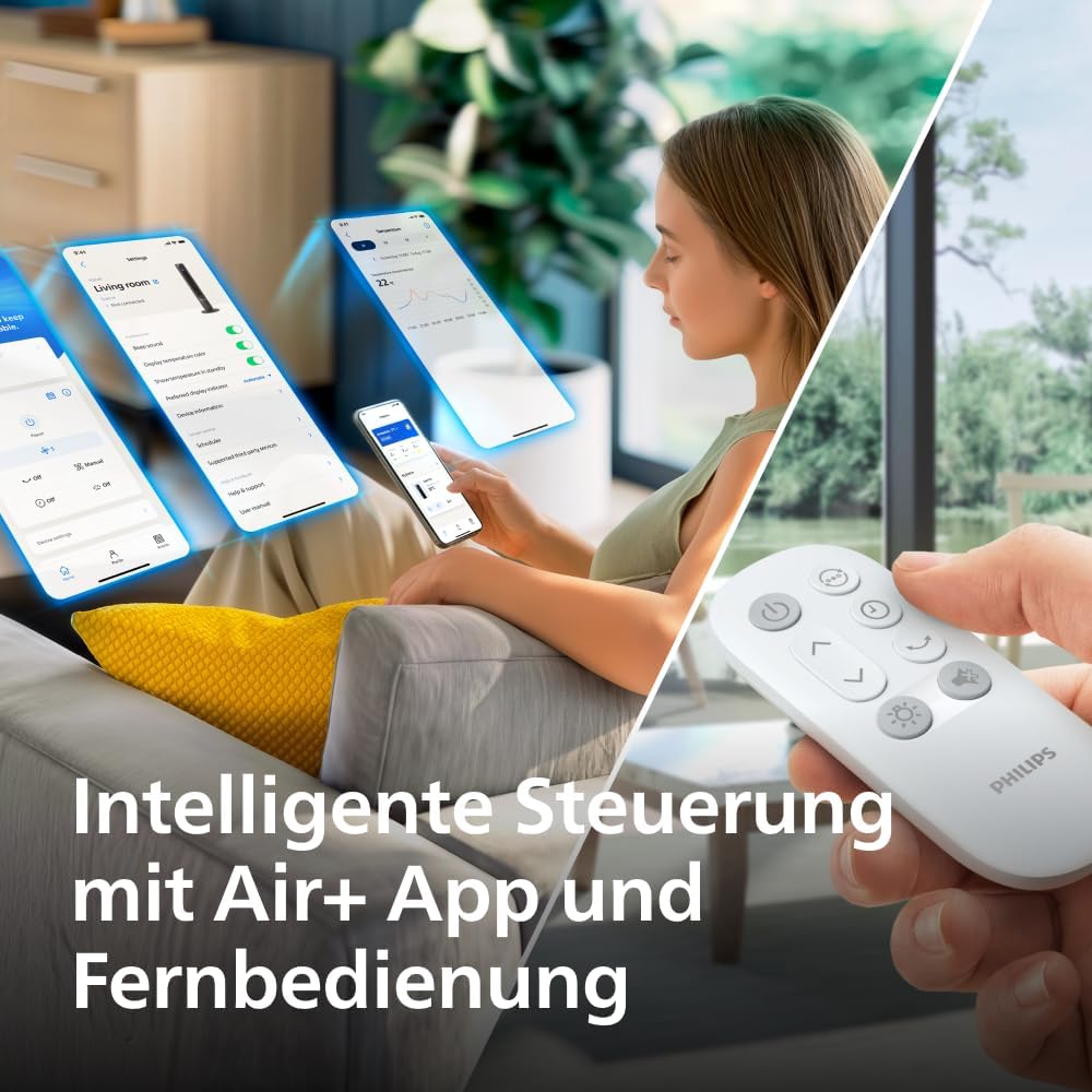 Philips Smarter Turmventilator 7000 Series – 8,4 m/s stark, ultraleise 22 dB, energieeffizient, App & Fernbedienung, Wlan, 12 Stufen, Schlafmodus, Temp‑Anzeige, 12‑h Timer, 80° Oszillation (CX7550/00)