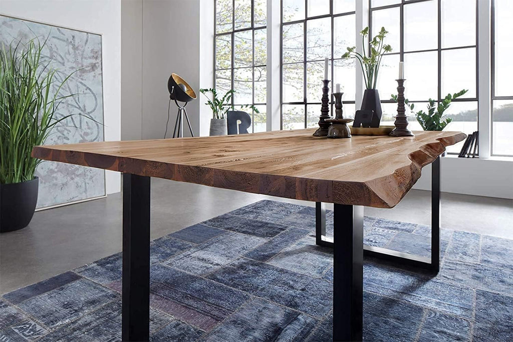 SAM Baumkantentisch 160x85 cm Mephisto, Akazienholz massiv + naturfarben lackiert, Esstisch mit schwarz lackiertem U-Gestell, Esszimmertisch/Holztisch, Tischplatte 26 mm