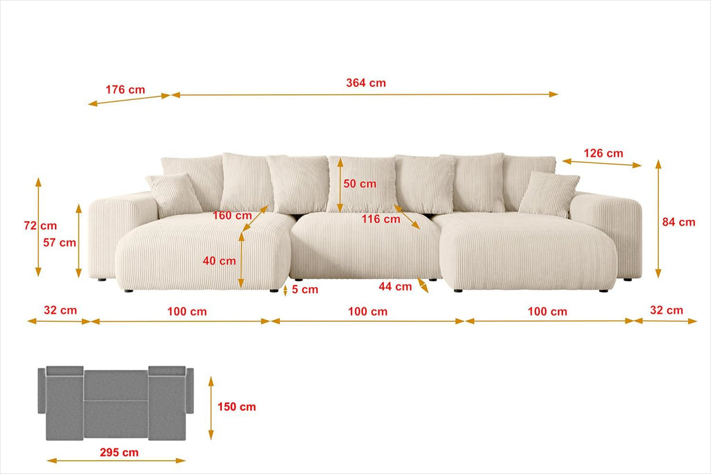 ALTDECOR Ecksofa mit Schlaffunktion und Bettkasten Corner Sofa Eckcouch Couch U-Form universal, Links/rechts angeordnet Schlafcouch Ausziehbar Wohnlandschaft Eskar-U -364x176x84cm Beige
