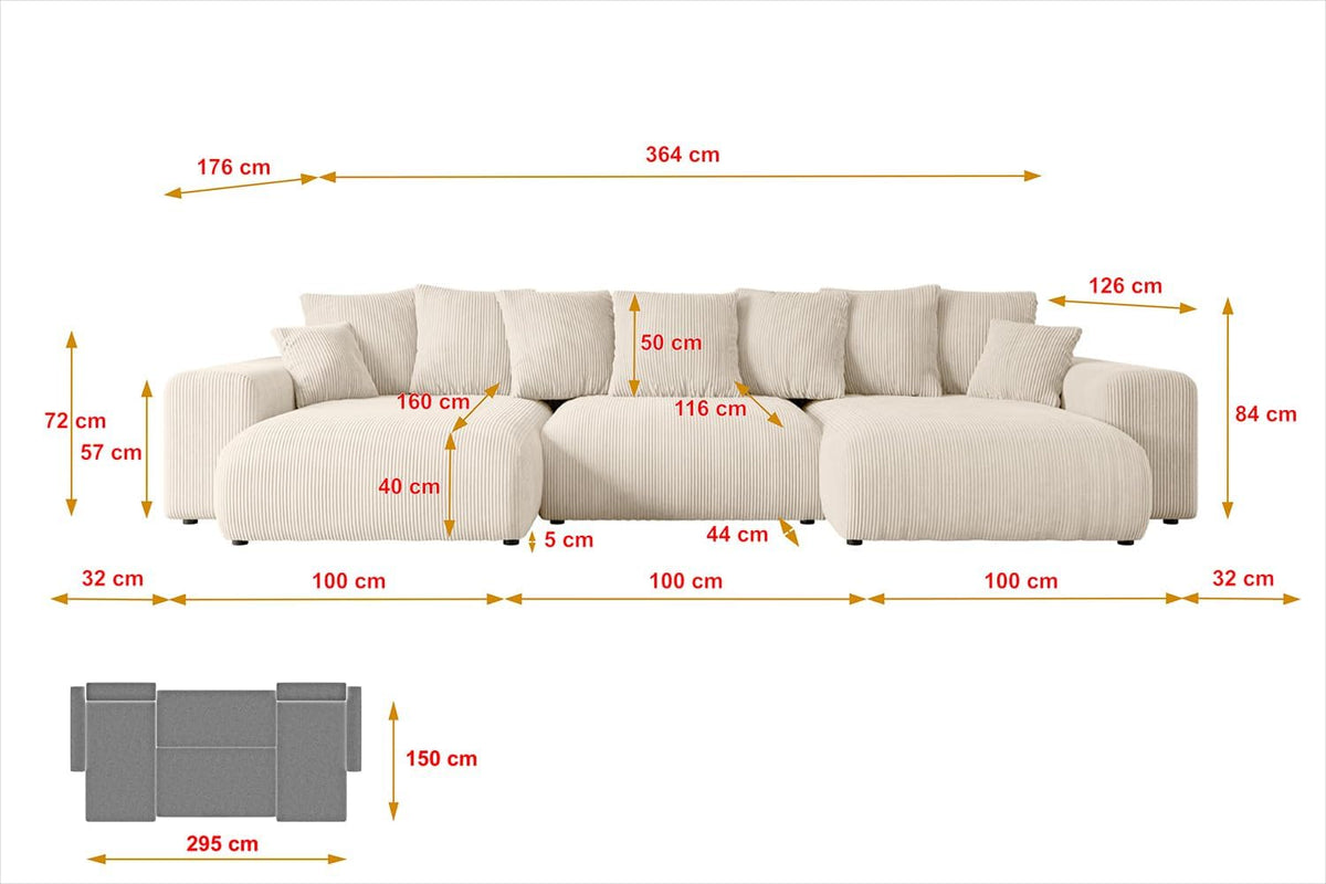 ALTDECOR Ecksofa mit Schlaffunktion und Bettkasten Corner Sofa Eckcouch Couch U-Form universal, Links/rechts angeordnet Schlafcouch Ausziehbar Wohnlandschaft Eskar-U -364x176x84cm Beige