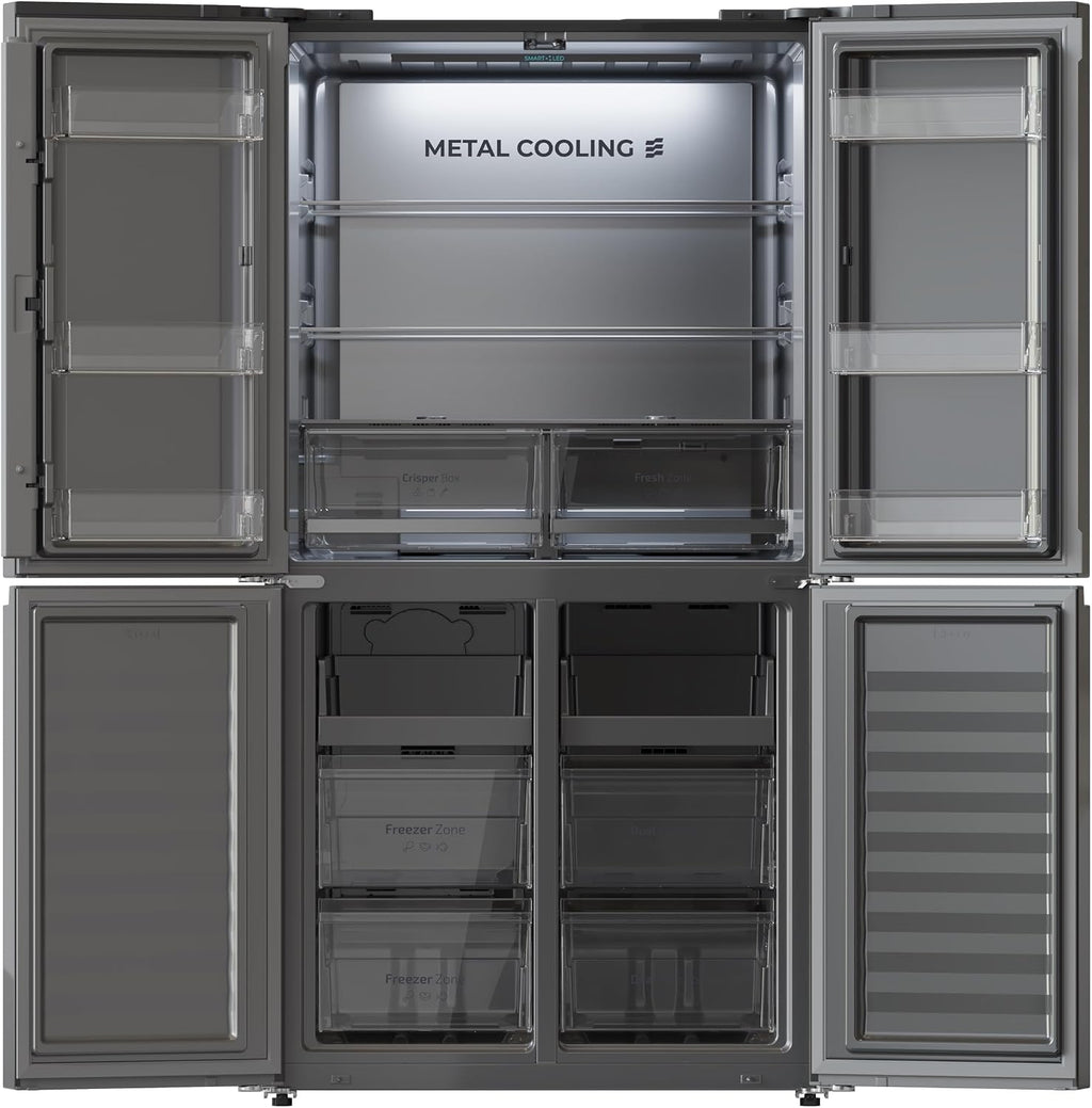 Cecotec Side-by-Side Kühl-Gefrierkombination 4 Türen Bolero CoolMarket 4D 601 Black Glass E. 601L, Inverter-Motor, 90cm, No Frost, ECO, Schnellkühlung, Display, Temperaturalarm, Elegantes Design, Glas