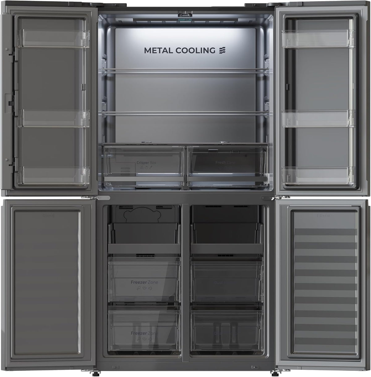 Cecotec Side-by-Side Kühl-Gefrierkombination 4 Türen Bolero CoolMarket 4D 601 Black Glass E. 601L, Inverter-Motor, 90cm, No Frost, ECO, Schnellkühlung, Display, Temperaturalarm, Elegantes Design, Glas