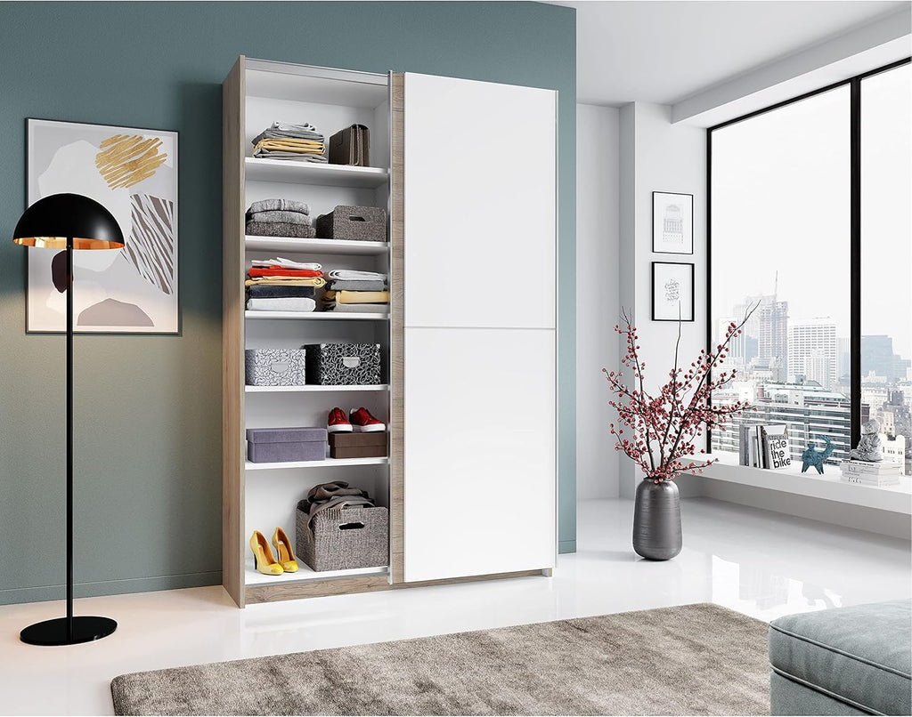 Stella Trading FAST Eleganter Kleiderschrank / Garderobenschrank mit viel Stauraum - Vielseitiger Schwebetürenschrank in San Remo Optik, weiß - 125 x 195 x 38 cm (B/H/T)