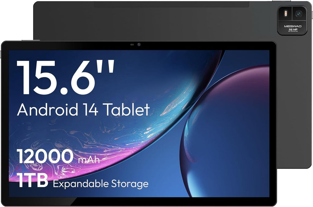 MESWAO 15,6 Zoll Tablet, MES-B3 Android 14 Großes Tablets mit IPS-Display, Helio G99 Octa-Core, 6GB RAM+128GB ROM(1TB TF) Tablett, 12000mah, BT5.0, 2.4G/5G WiFi, 32MP Kamera
