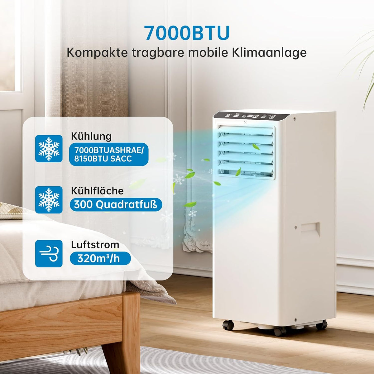 Tragbare Klimaanlage, mobiles Klimagerät 7000BTU, Kühlfunktion, Belüftung und Entfeuchtung, 2 Geschwindigkeitsstufen, Timer, 24 Fernbedienung, R290, ohne Außeneinheit