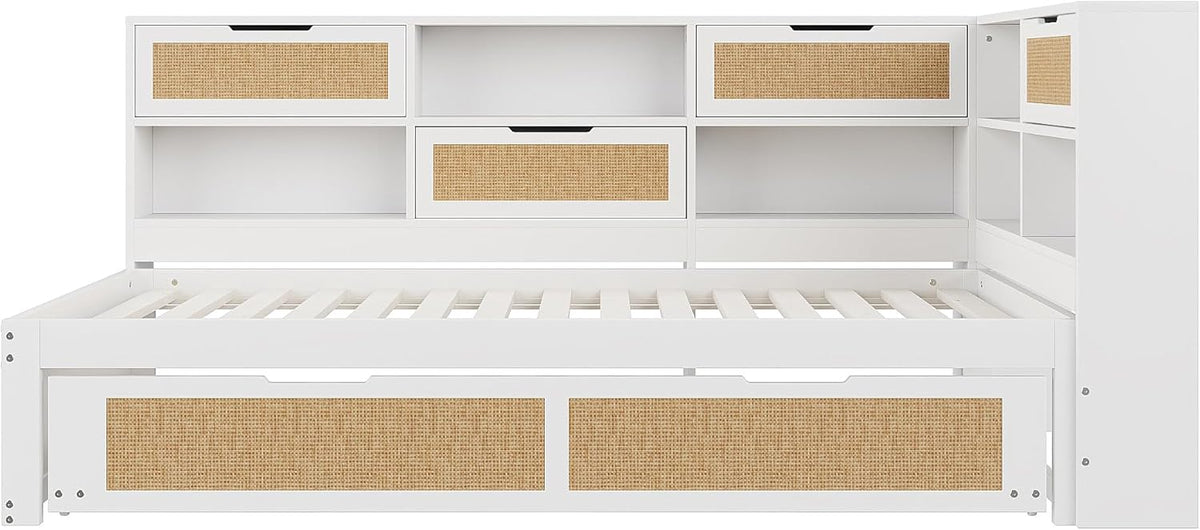 Tagesbett Schlafsofa 90x200, Holz Multifunktionsbett mit Ausziehbett 90x190 cm, USB-Steckdose und vielen Staufächern, Einzelbett Massivholzbett Kinderbett Daybett mit Lattenrost, Ohne Matratze, Weiß