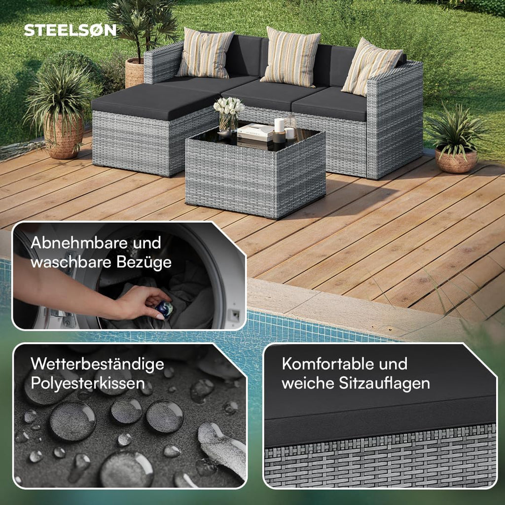 STEELSØN Zethora Rattan Gartenmöbel Set 3-TLG. – Outdoor Sitzgruppe für Garten/Terrasse/Balkon – Gartenlounge mit 3er-Sofa, Hocker & Tisch – Sitzgarnitur Set grau/anthrazit für 4 Personen