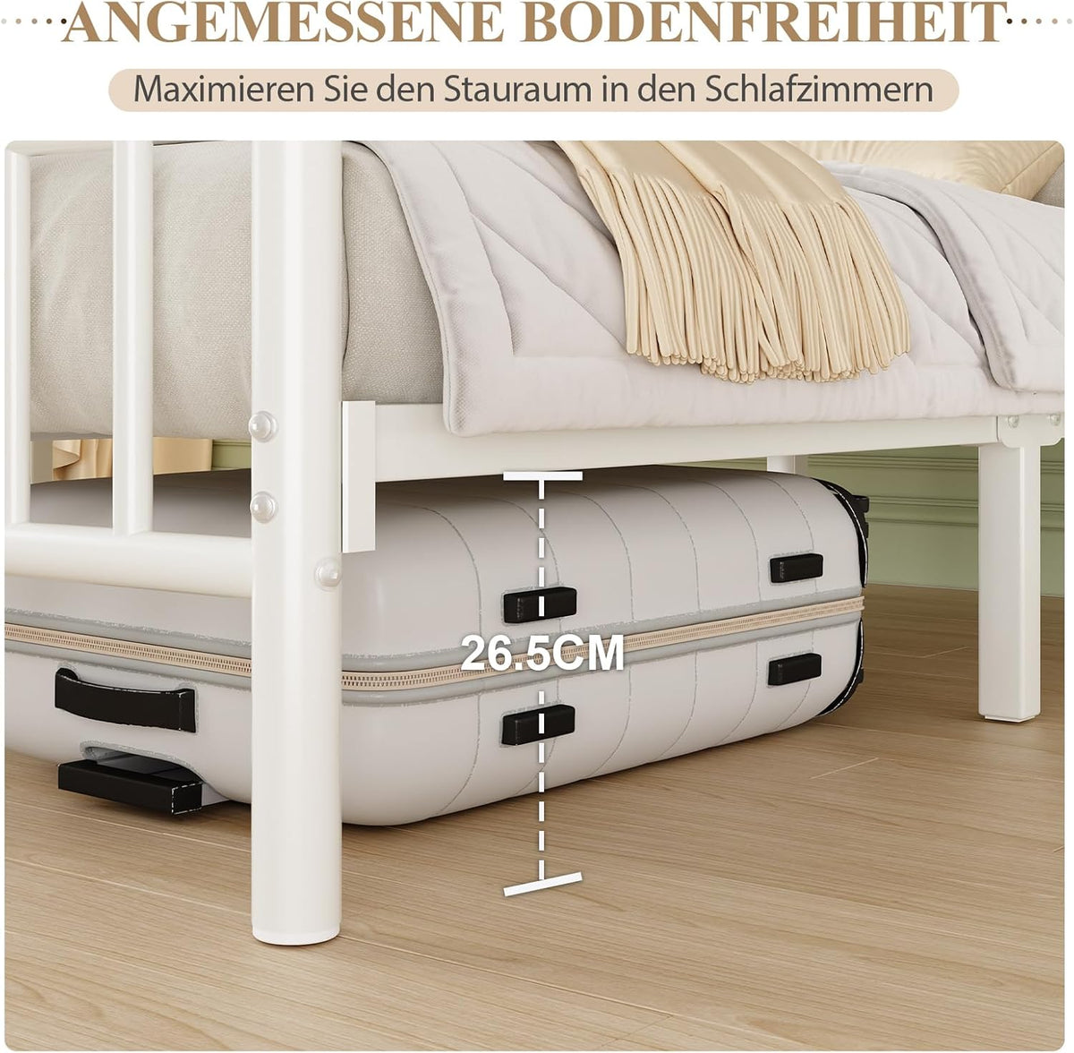 Bett 140 x 200 cm, Modernes Metallbett 140 x 200 cm mit Kopf- und Fußteil, viktorianischer Stil, Stauraum unter dem Bett, Einfach zu Montieren, Kein Lattenrost Erforderlich, Geräuscharm, Weiß