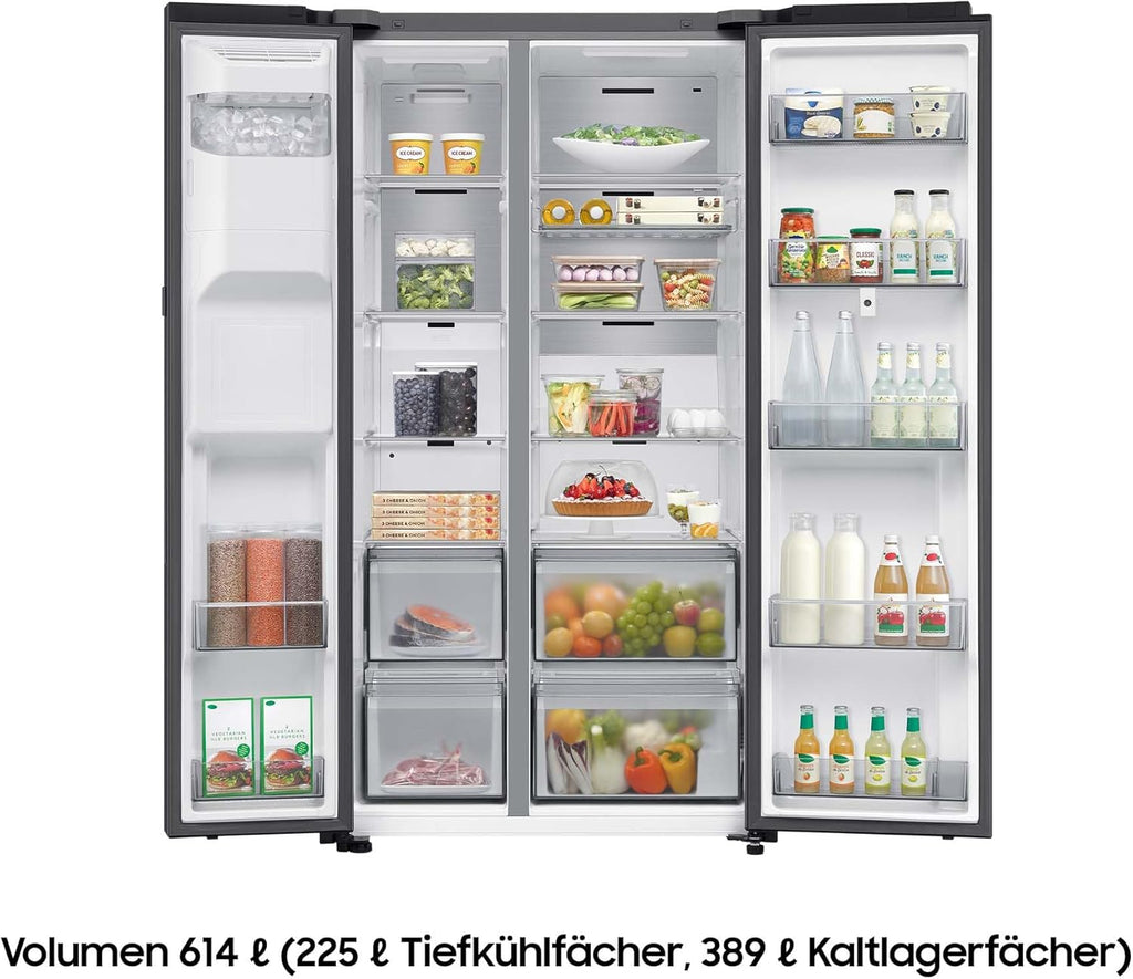 RS90F66BEFEF Side-by-Side Kühl-Gefrierkombination, AI Kühlschrank mit Gefrierfach, 178 cm, 614 l, Eis-/Wasserspender mit Wasseranschluss, Family Hub, AI Energy & Voice Control, Black Steel