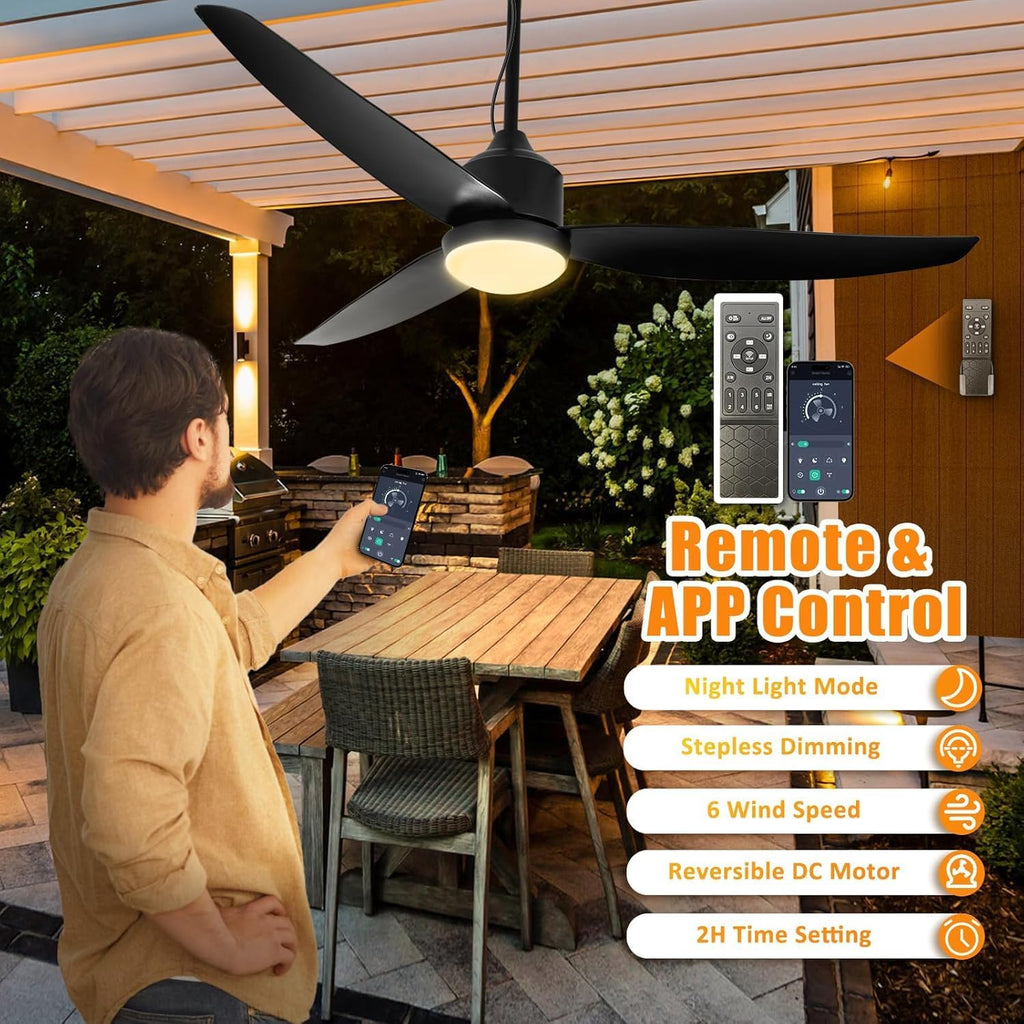 Deckenventilator mit Beleuchtung und Fernbedienung IP65 Wasserdicht Aussen Ventilator Dimmbar Fan Deckenleuchte Moderne Lampe mit Ventilator Leise Ventilatorlicht für Schlafzimmer Balkon Außen