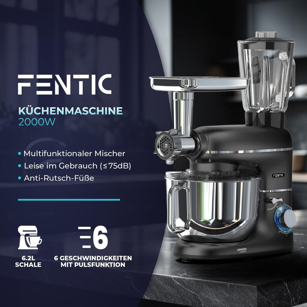 Fentic 6-in-1 Küchenmaschine – 2000W – Mit Fleischwolf, 1,5L Entsafter, Gemüseschneider und Mehr – Knetmaschine mit 6,2L Rührschüssel, Rührhaken, Knethaken, Schlagbesen und Spritzschutz (Schwarz)