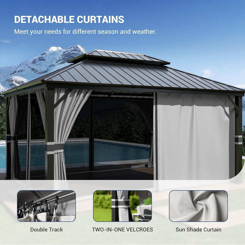 Amopatio 3.65 x 4.85 m Gartenpavillon Wasserdicht Stabil Winterfest Hardtop Pavillon, Verzinkter Stahl Doppeldach Aluminium Pavillon mit Moskitonetz und Vorhänge für Garten, Terrasse, Rasen, Grau
