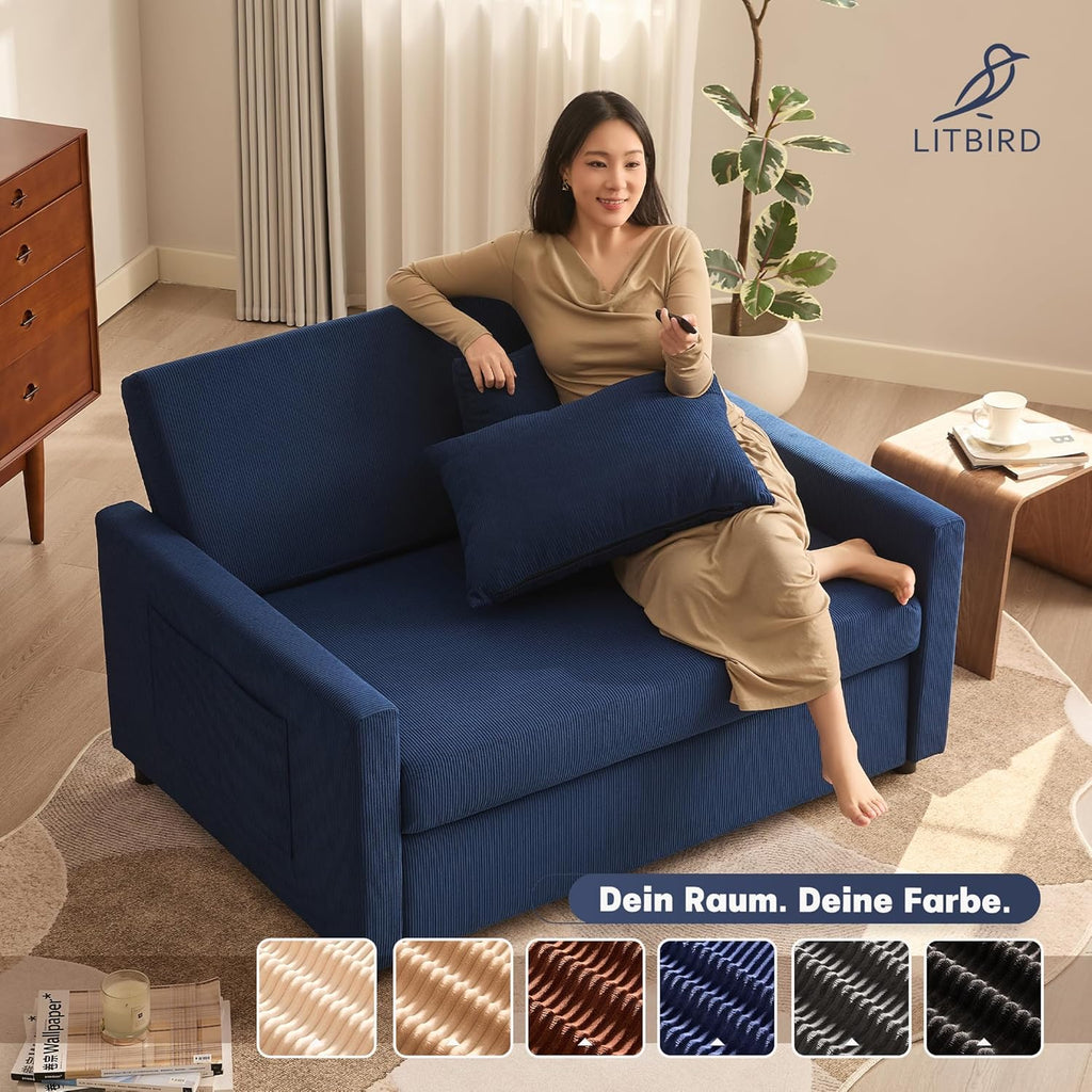 Schlafsofa 2-Sitzer, 3-in-1 ausziehbares Sofa Bett, Cordstoff Schlafcouch mit Verstellbarer Rückenlehne und Seitentaschen, für Wohnzimmer und Gästezimmer,Navyblau