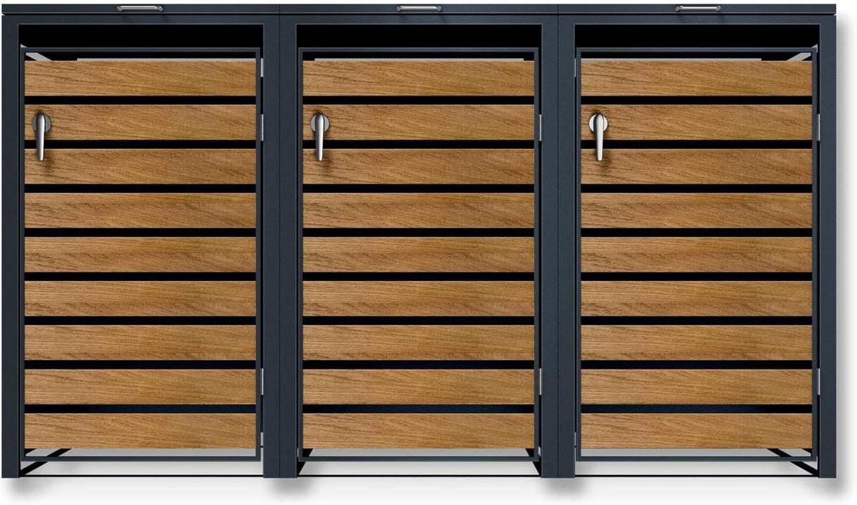 Metzler Mülltonnenbox in Anthrazit & Holzoptik 3er 240L, Mülltonnenverkleidung 3 Tonnen, witterungsbeständiger und pulverbeschichteter Stahl mit Automatikdeckel, abschließbar, Garten- und Müllbox