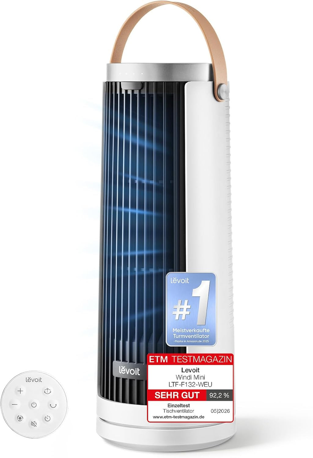 Levoit Kompakt Turmventilator DC Motor – leise ab 20dB Ventilator – 7m/s Kühlung – Tischventilator 5 Stufen/90° Oszillation/12 Std Timer/Fernbedienung – platzsparend, kleine Räume – Mondweiß, 33 cm