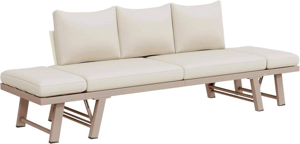 Gartenmöbel-Set, Outdoorsofa, 3-Sitzer-Sofa, Beige, Gartensofa mit Liegefunktion, Sonnenliege Gartenliege mit Auflagen und klappbaren Armlehne, Gartencouch für Garten, Terrasse, Balkon