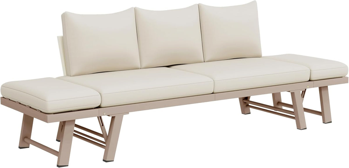 Gartenmöbel-Set, Outdoorsofa, 3-Sitzer-Sofa, Beige, Gartensofa mit Liegefunktion, Sonnenliege Gartenliege mit Auflagen und klappbaren Armlehne, Gartencouch für Garten, Terrasse, Balkon