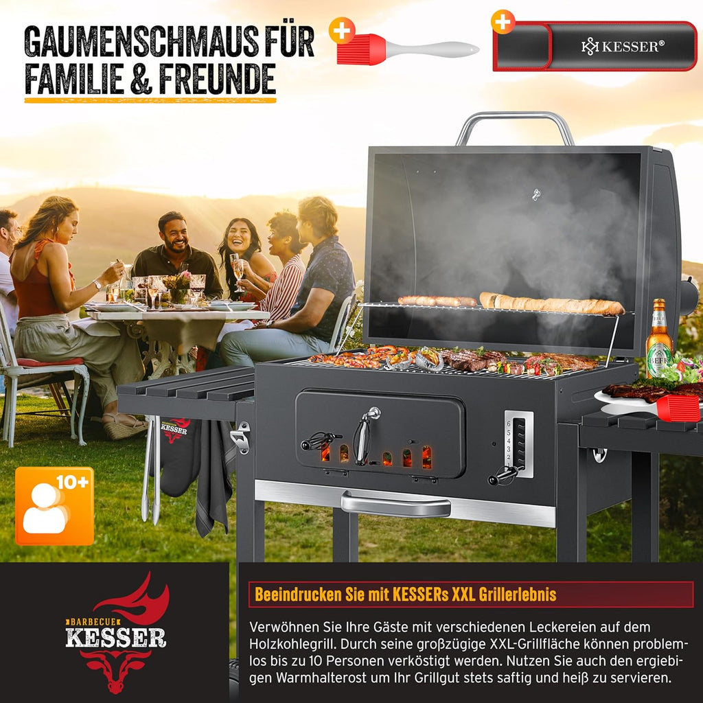 KESSER® Grill Grillwagen BBQ Smoker XXL Holzkohlegrill mit Deckel, Rädern, Edelstahl-Griff, Grillrost und Thermometer, 8 Spieße mit Tasche & Silikon-Pinsel, Standgrill, Kohlegrillwagen